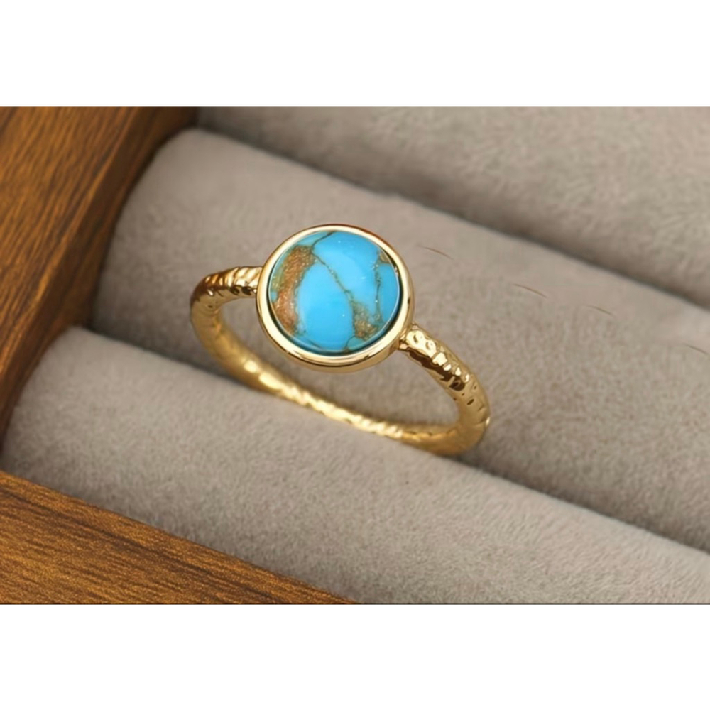 Gold Bezel Turquoise Ring with Hammered Band